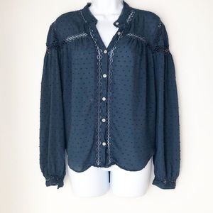 FREE PEOPLE. Blue lace boho long sleeve top